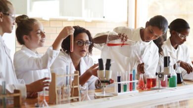 Teacher and students working in science room