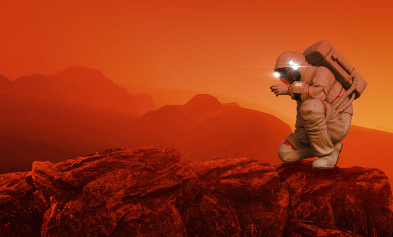 Astronaut exploring on Mars, illustration