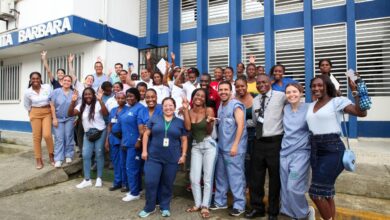 Members of the Hospital Padrino strategy and newly trained staff of the Timbiquí Hospital outside the health center, in Timbiquí, Cauca, Colombia