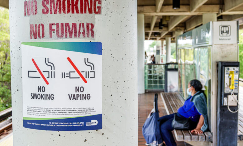 Miami, Florida, Vizcaya Metrorail Train Station, bilingual sign no smoking vaping