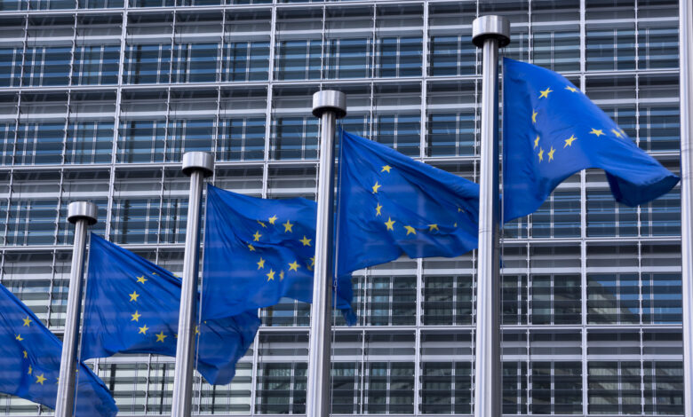 Belgium, Brussels, European Commission, European flags at Berlaymont building