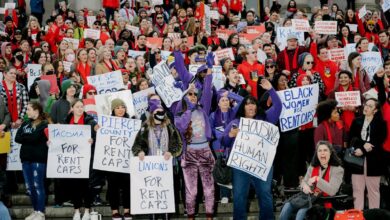 Demonstrators at the Washington State Capitol in January called on lawmakers to pass a rent cap measure