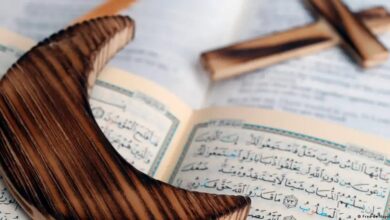 Wooden half moon and cross on Koran