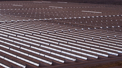 Aerial Shot of Rows of Mirrors at Parabolic Trough Solar Plant