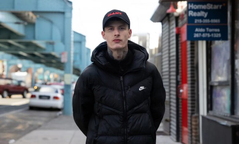 Justin Carlyle, age 23, photographed on the street in Kensington, a neighborhood of Philadelphia, has lived with addiction to fentanyl and other drugs for a decade