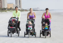 Three mothers and babies in strollers walking on beach