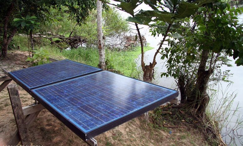 Solar panels installed in a forested area in Gabon