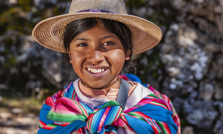 Young Aymara woman on Isla del Sol, Lake Titicaca, Bolivia