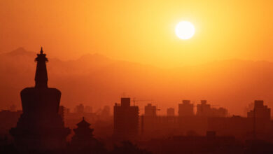 The silhouette of the White Dagoba and the Western Hills around Beijing