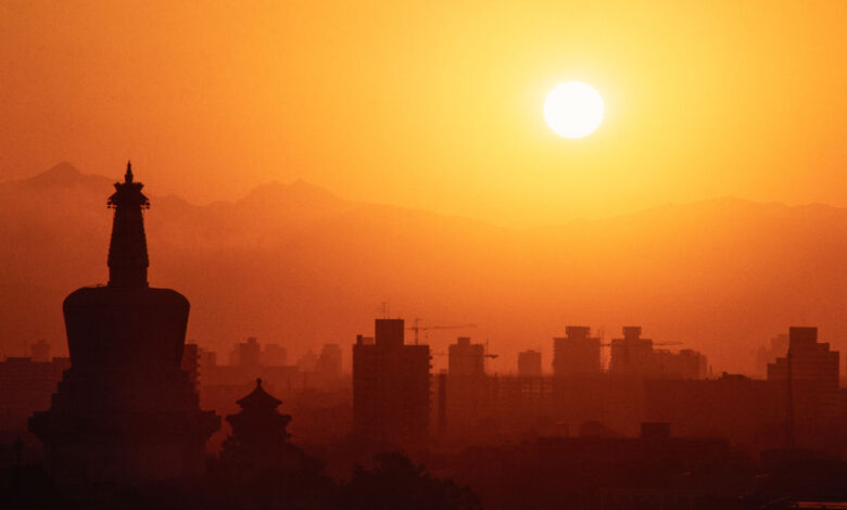 The silhouette of the White Dagoba and the Western Hills around Beijing