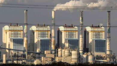 Exhaust gases billowing from the chimneys of the Taean Thermal Power Station
