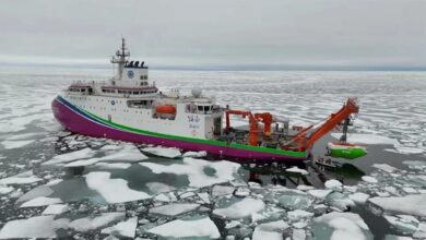 NEWS 12 November 2025 Chinese researchers reveal unexplored section of mysterious Arctic Ocean ridge Oceanographers hope to find otherworldly ecosystems at hydrothermal vents on the seafloor. By Alexandra Witze Twitter Facebook Email An elevated view of the Fendouzhe submersible (at right) going off the back of the icebreaker (at left) into a sea of broken ice. The submersible Fendouzhe being deployed off a Chinese icebreaker in the Arctic Ocean