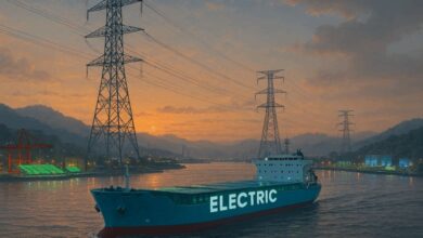 ChatGPT generated panoramic visualization of an electrified Yangtze port integrating renewable power and battery storage