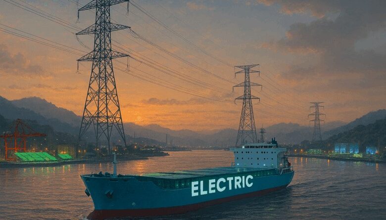 ChatGPT generated panoramic visualization of an electrified Yangtze port integrating renewable power and battery storage