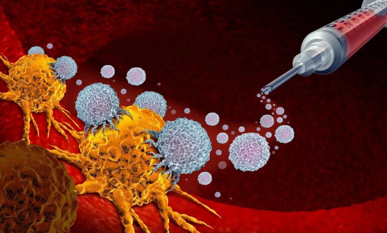 cancer vaccine attacking tumor, illustration