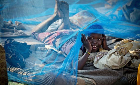 A child peeps from under a mosquito net.