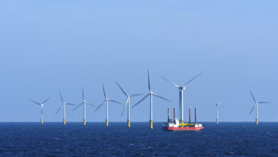 Offshore wind farm with supply ship, IJmuiden, North Sea, Netherlands