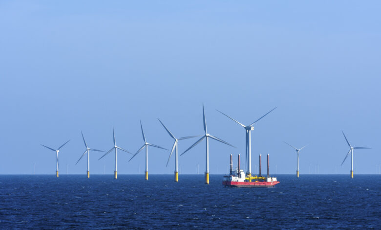 Offshore wind farm with supply ship, IJmuiden, North Sea, Netherlands