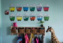 Children's backpacks and shoes are seen at a daycare franchise