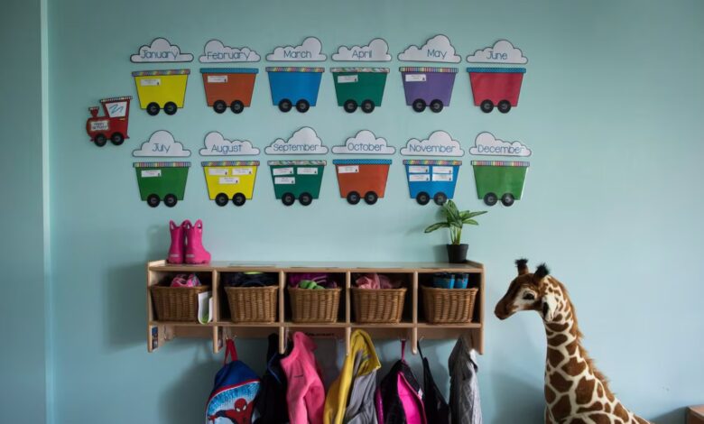 Children's backpacks and shoes are seen at a daycare franchise
