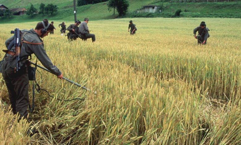 Soldiers from the Yugoslavian Federation Army check for land mines at the Slovenia/Croatia border