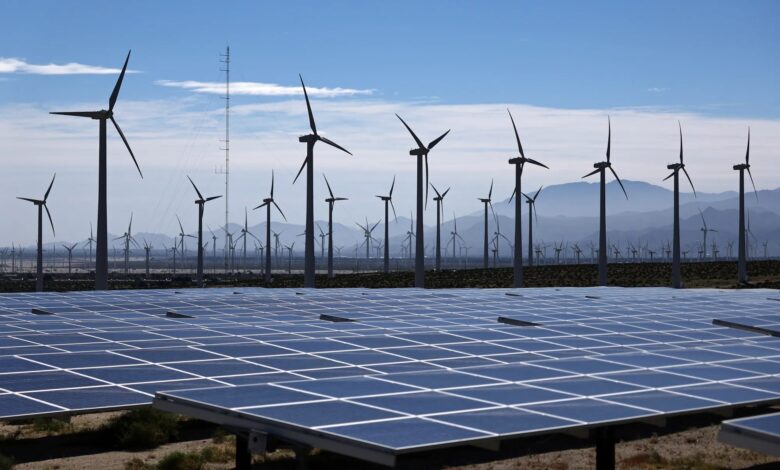 Solar panels and wind turbines in California