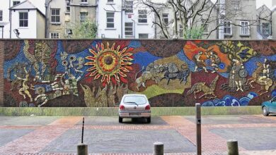 The Táin Bó Cúailnge mosaic, made by Desmond Kinney in 1974, is in Dublin