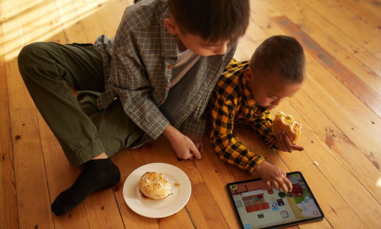 Two boys with burgers playing on the iPad