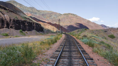 Train line, railway tracks, Chuy Province, Kyrgyzstan