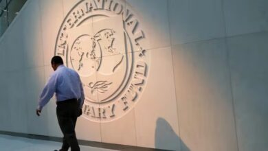IMF Logo and man walking by