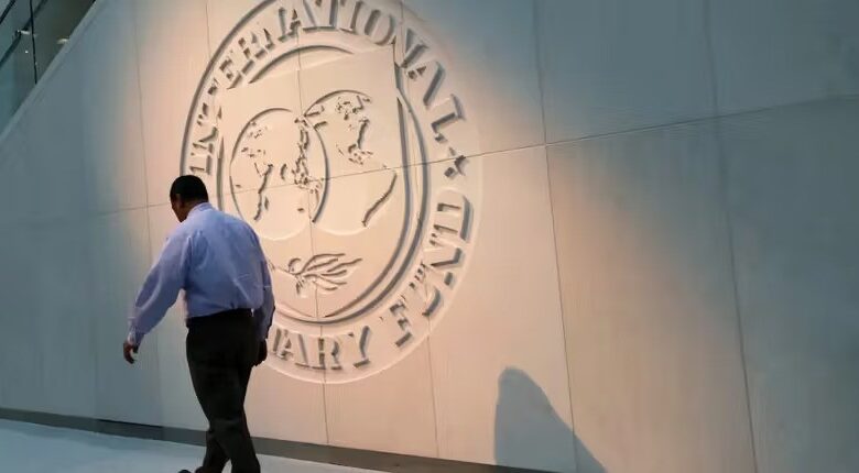 IMF Logo and man walking by