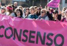 A demonstration with the slogan ''Without consent, it's rape'' takes place in Rome, Italy, on February 28, 2026. Andrea Ronchini/NurPhoto/Getty Images