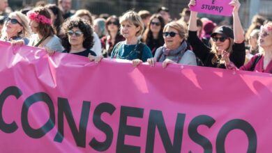 A demonstration with the slogan ''Without consent, it's rape'' takes place in Rome, Italy, on February 28, 2026. Andrea Ronchini/NurPhoto/Getty Images