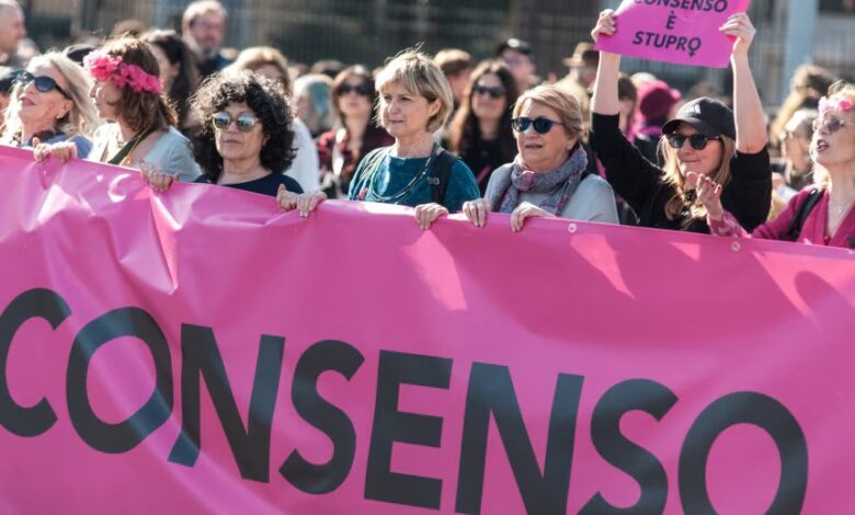 A demonstration with the slogan ''Without consent, it's rape'' takes place in Rome, Italy, on February 28, 2026. Andrea Ronchini/NurPhoto/Getty Images