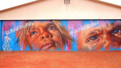 Mural promoting facial cleanliness to eliminate trachoma, Warburton, Western Australia.