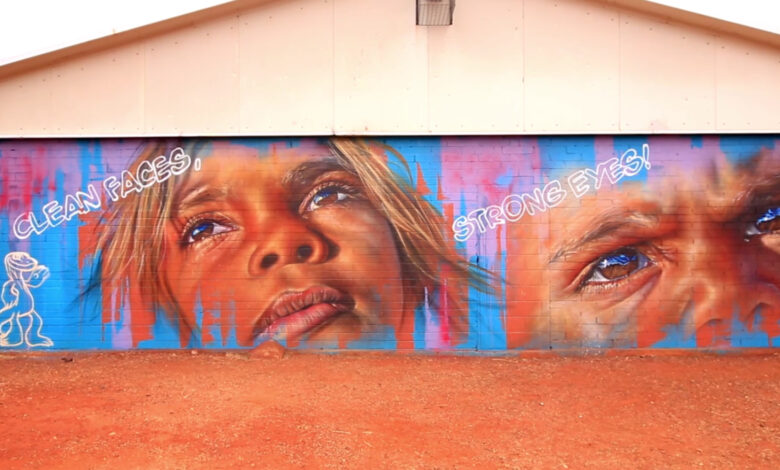 Mural promoting facial cleanliness to eliminate trachoma, Warburton, Western Australia.