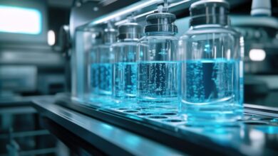 Hydrogen fuel cell water byproduct, futuristic energy lab, pure water condensing from fuel cell reaction, sleek high-tech design