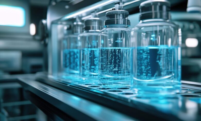 Hydrogen fuel cell water byproduct, futuristic energy lab, pure water condensing from fuel cell reaction, sleek high-tech design