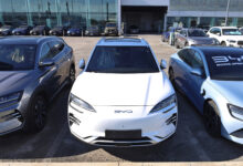 Front view of Byd electric car outside the dealership