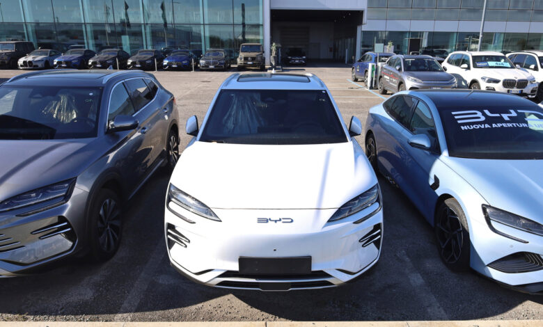 Front view of Byd electric car outside the dealership