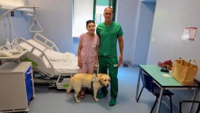 Elena with doctor after eye surgery