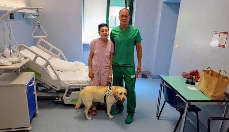 Elena with doctor after eye surgery