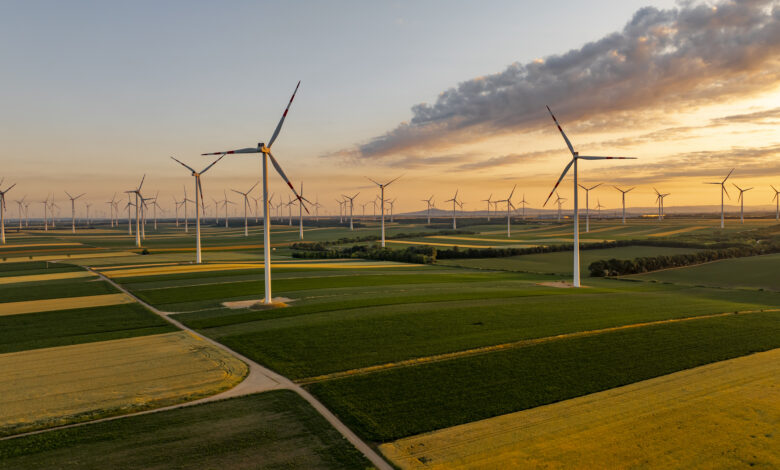 Sunset Over Wind Turbines in Vast Agricultural Fields with Golden and Green Crops