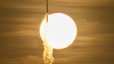 SpaceX Falcon Heavy rocket with NASA’s Nancy Grace Roman Telescope on board is seen transiting the sun during launch