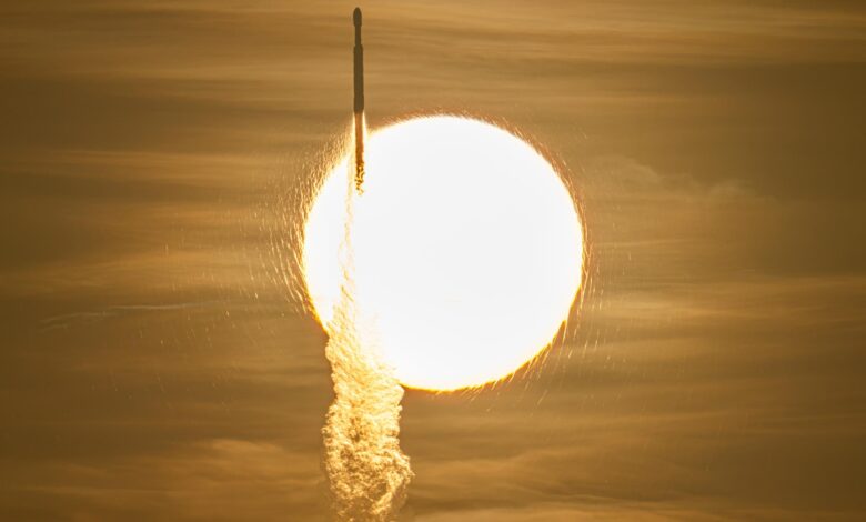 SpaceX Falcon Heavy rocket with NASA’s Nancy Grace Roman Telescope on board is seen transiting the sun during launch